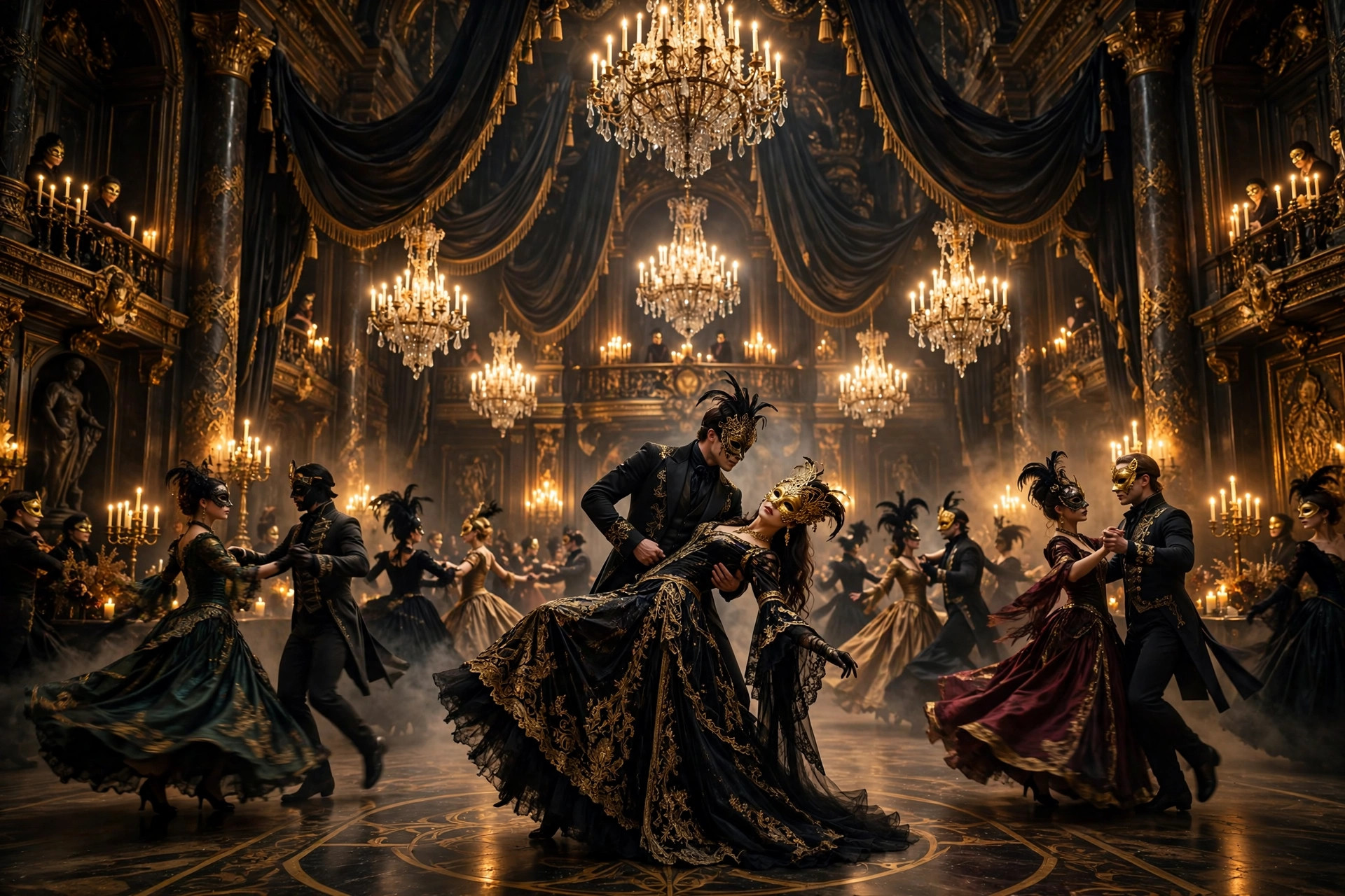 Artistic rendering of a grand masked fantasy ball: dancers in elaborate gowns and masks performing in a candlelit baroque ballroom