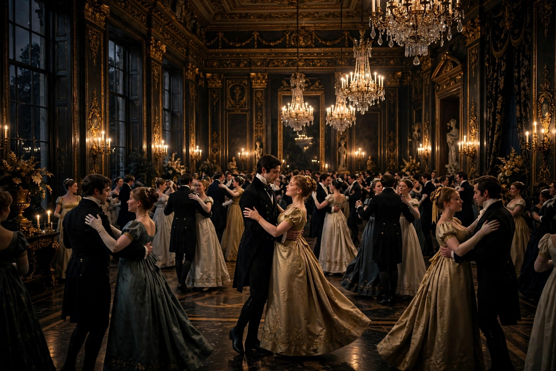 Artistic rendering of a Regency-era ball: dancers in empire gowns and tailcoats in a gilded candlelit historic ballroom